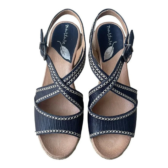 NURTURE LILITHE Wedge Sandals Women’s 8M Heel Black Leather Stitch Cork Platform - Picture 1 of 5
